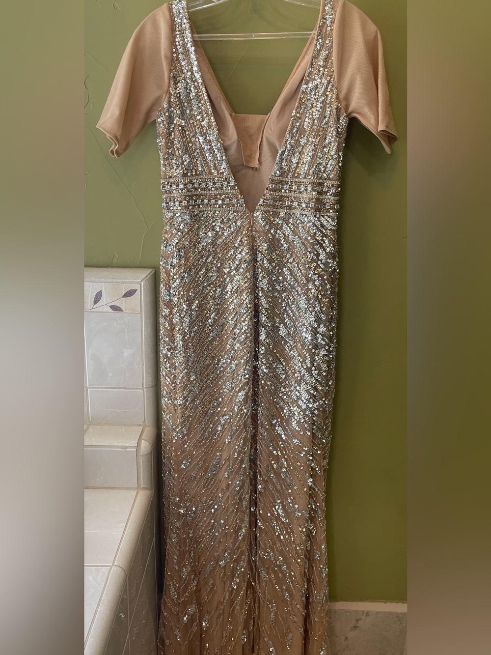 Jovani Gold Sequin V-Neck Gown Beaded Column Gown With Draped Cape Sleeves 36358 - Picture 7 of 9
